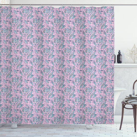 Bohemian-Inspired Shower Curtain with Native Beads and Feathers in Baby Pink, Pale Lilac, Pale Salmon, and Pale Blue Tones.