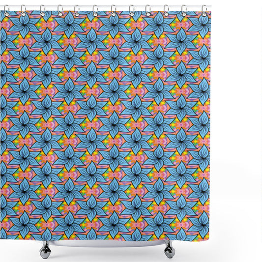 Vibrant Blue Flower Design with Multicolor Leaves for Shower Curtain