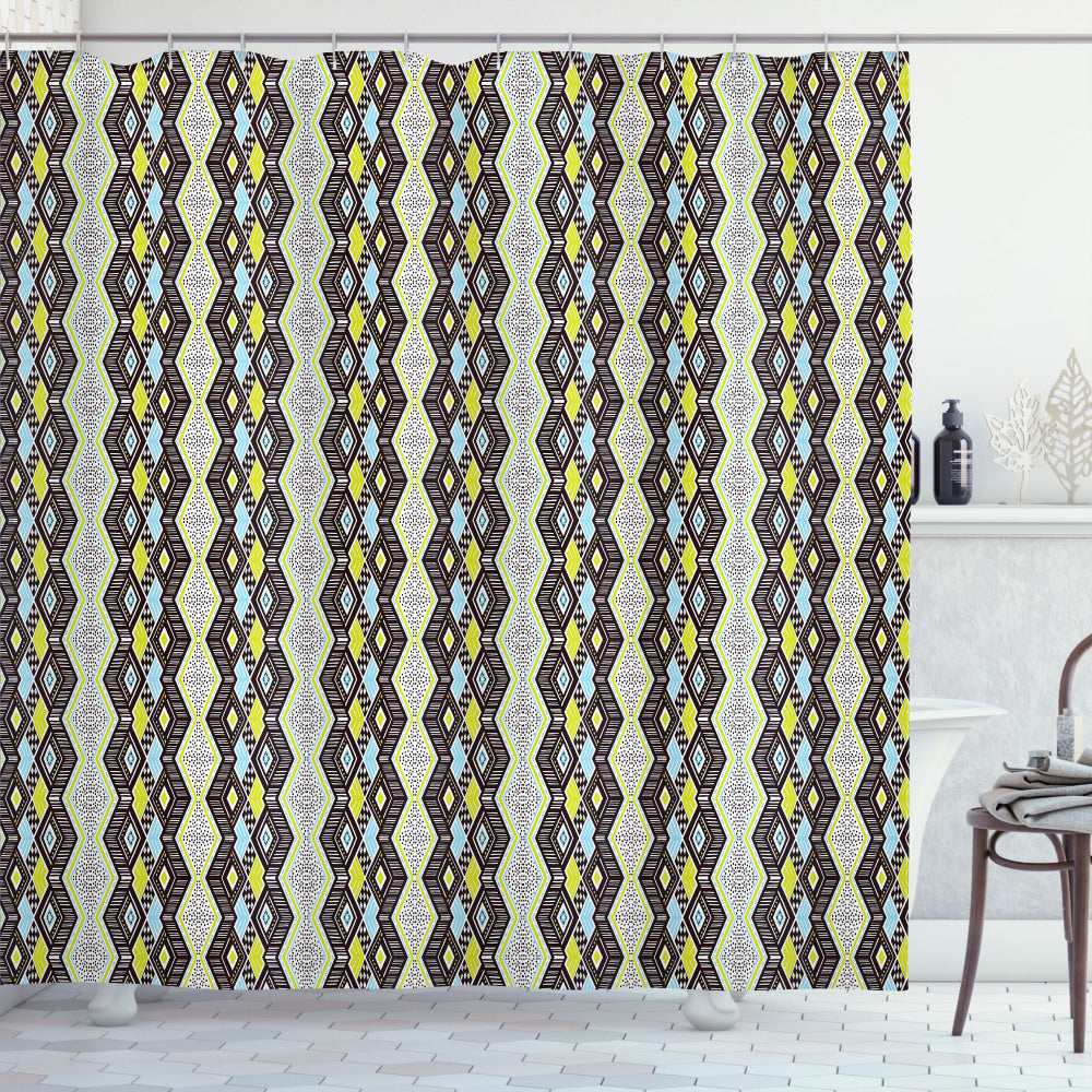 Abstract Zig Zag and Dots Aztec Pattern in Vibrant Yellow Green, Brown, and Blue - Shower Curtain Design