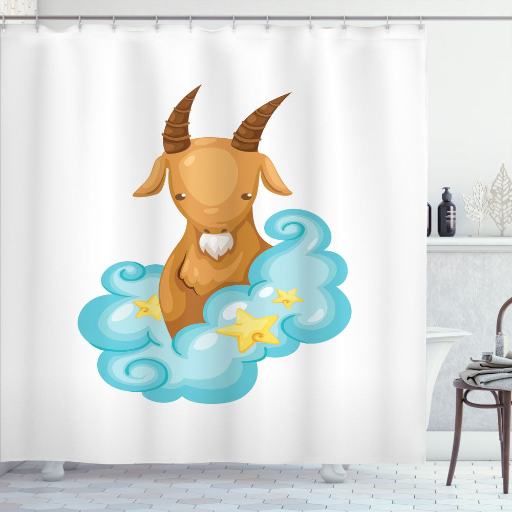 Cartoon Goat Zodiac Capricorn Design Shower Curtain in Pale Brown, Pale Blue, and Yellow