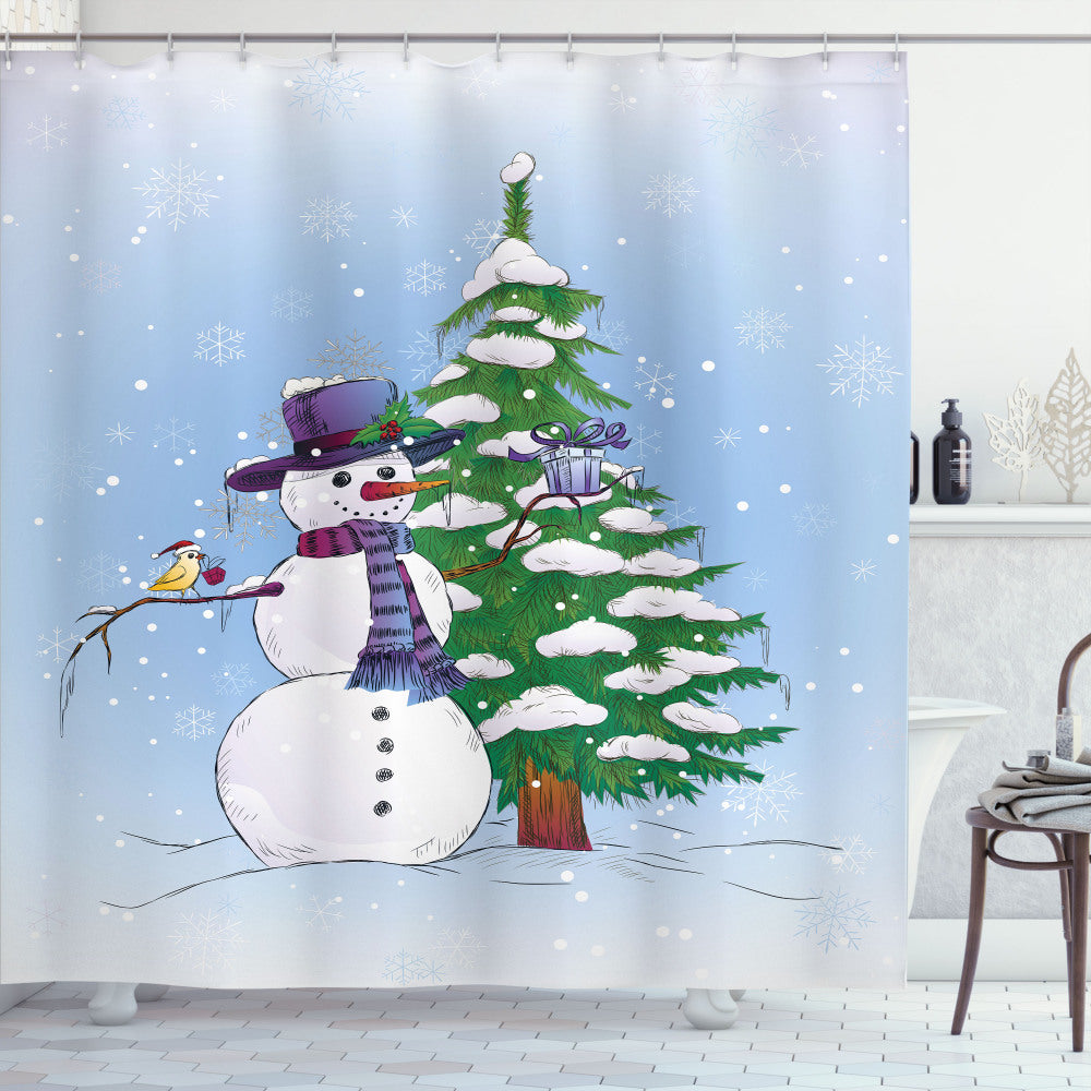 Christmas Snowman and Tree Shower Curtain in Green and Blue