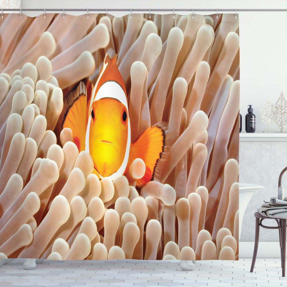 Bali Indonesia Fish-themed Oceanic Shower Curtain in Vibrant Orange and Beige Color Palette