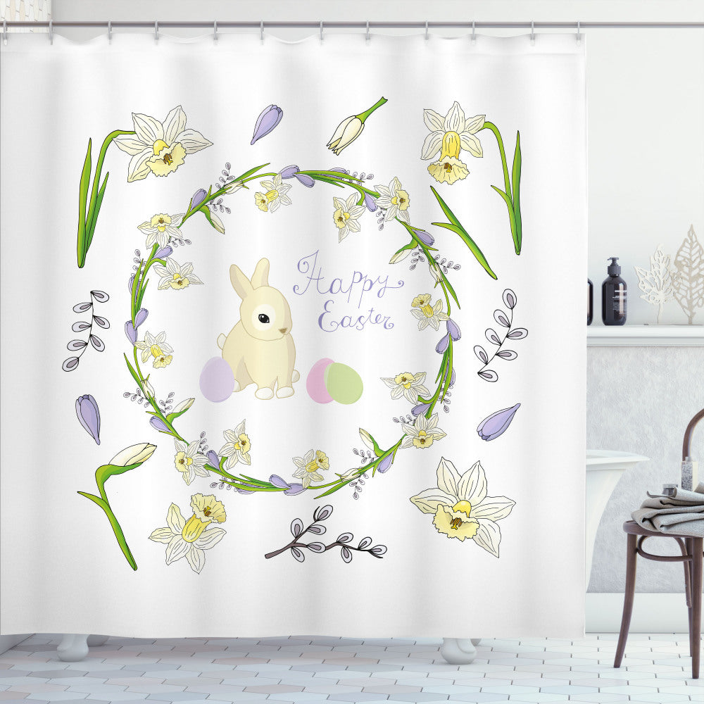 Whimsical Easter Bunny Bath Curtain in Apple Green, Lavender Blue, Baby Pink, and Cream