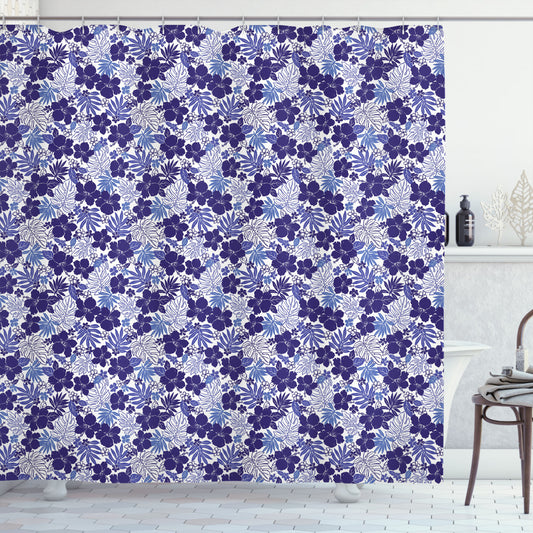 Botanical and Monochrome Flora Shower Curtain in Indigo, Violet Blue, and White Tones