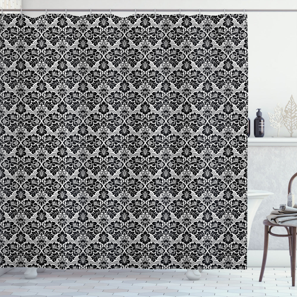 Victorian Black and White Antique Floral Swirls Shower Curtain