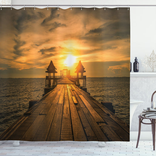 Wooden Dock Bath Curtain in Bangkok Bay: Beach-Inspired Design in Dark Blue, Yellow, and Brown