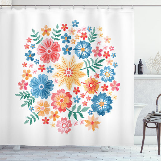 Vibrant Folk Foliage Circle - Floral Shower Curtain in Pale Orange, Blush, Sea Blue, and Jade Green