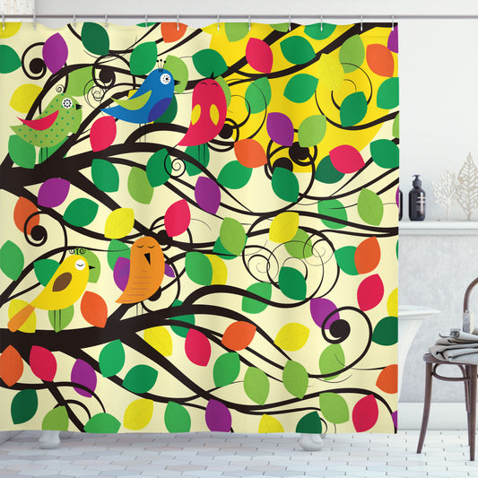 Vibrant Birds and Multicolor Tree Design Shower Curtain