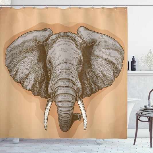 Vintage Elephant Design Shower Curtain in Elephant Grey and Almond Colors