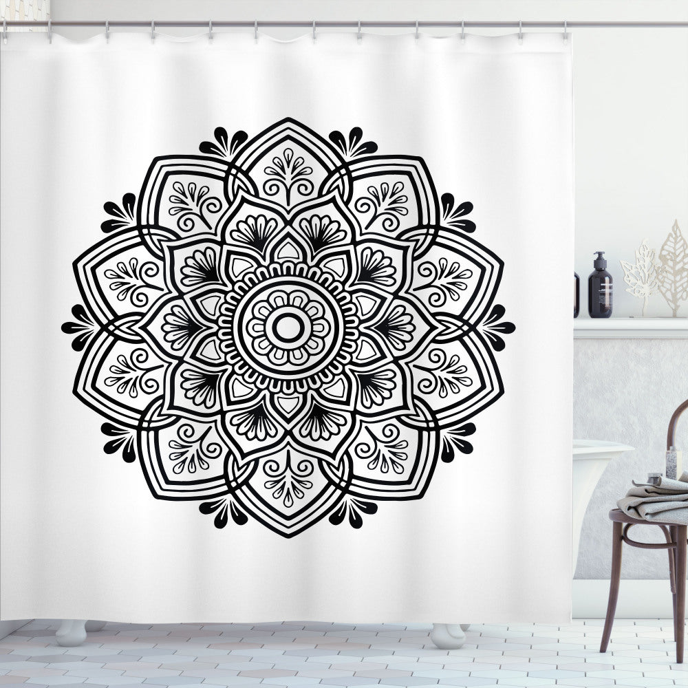 Charcoal Grey and White Mandala Damask Oriental Motif Shower Curtain