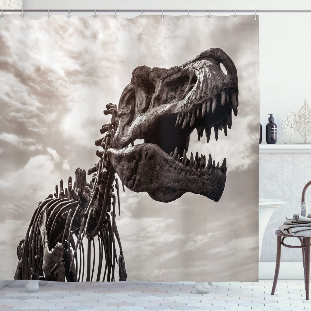 T Rex Dinosaur Skeleton Bath Curtain in a Palette of Dark Brown, Pale Tan, and White