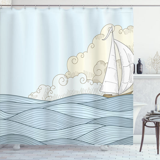 Vintage Boat Doodle Style Ocean Bath Curtain in Baby Blue and Cream Colors