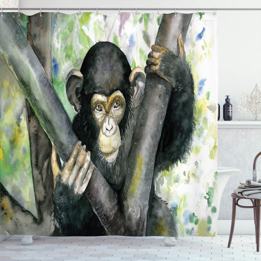 Watercolor Baby Chimpanzee Gorilla Charcoal Grey Multicolor Shower Curtain