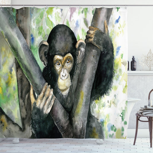 Watercolor Baby Chimpanzee Gorilla Charcoal Grey Multicolor Shower Curtain