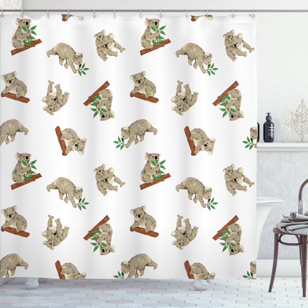 Tropical Baby Koala Pattern Shower Curtain in White and Grey