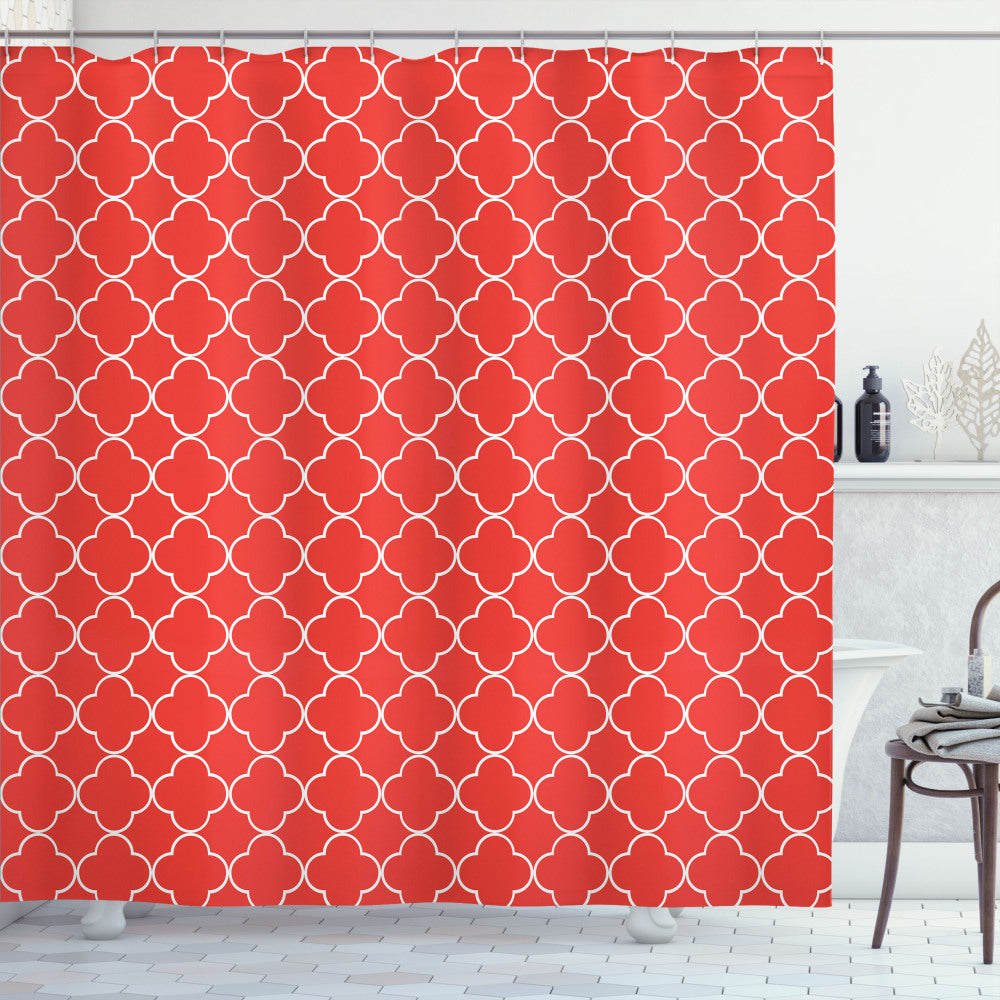 Vermilion and White Royal Quatrefoil Motif Shower Curtain