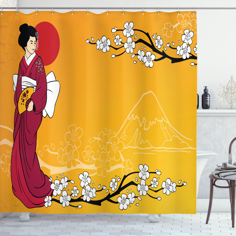 Cherry Blossom Geisha Lady Shower Curtain in Earth Yellow, Maroon, and Black