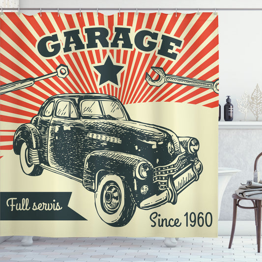 60's Retro Car Pop Art Inspired Bath Curtain in Cars, Emerald, and Orange