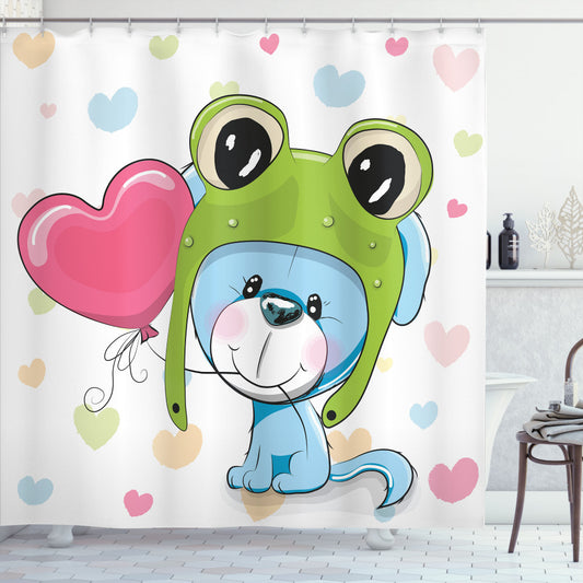 Cartoon Puppy Dog in Frog Hat Bath Curtain in Green, Pink, and Blue