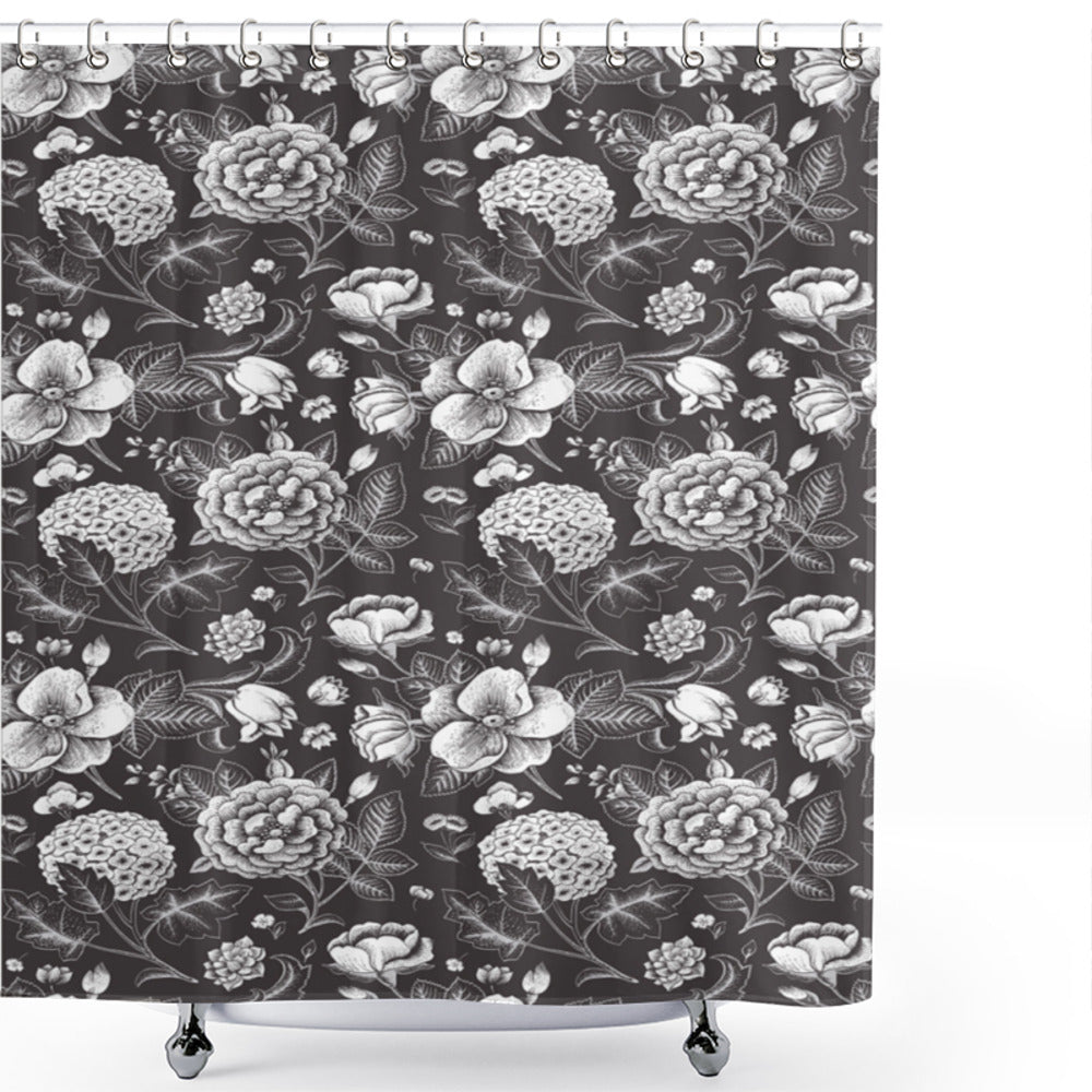 Blooming Bouquet Grey and White Dark Taupe and White Shower Curtain