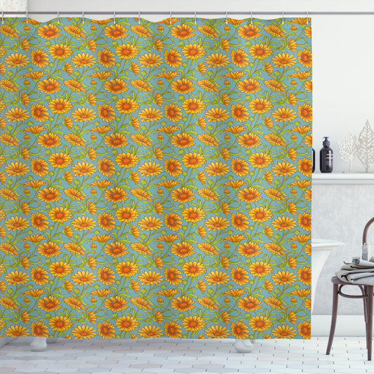 Cartoon Calendula Flowers Shower Curtain in Floral, Pale Teal, Orange, and Lime Green