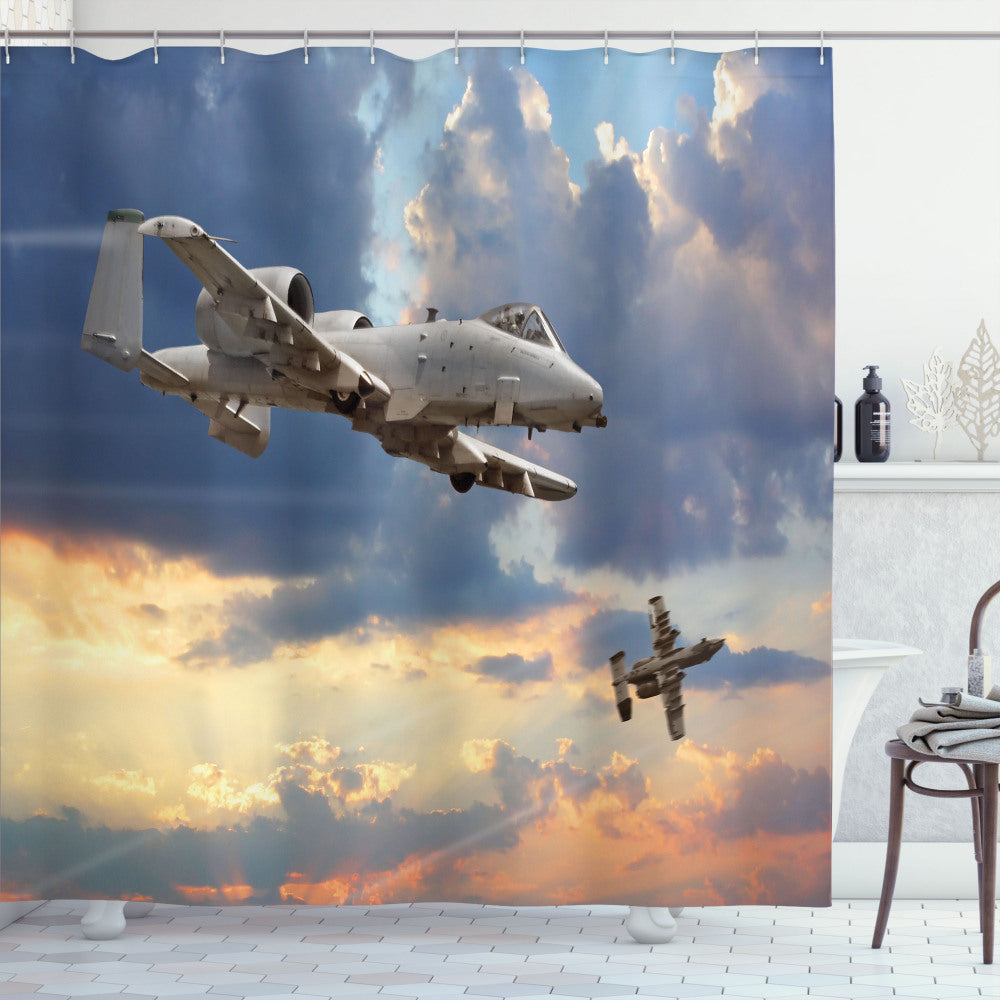 Airplane-Inspired Grey and Blue Aviation Theme Shower Curtain Design