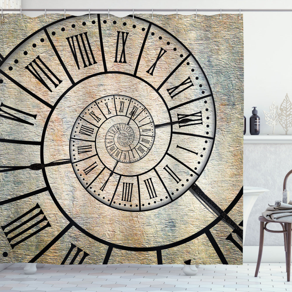 Clock Spiral: A Roman Digit Timepiece Shower Curtain in Sepia