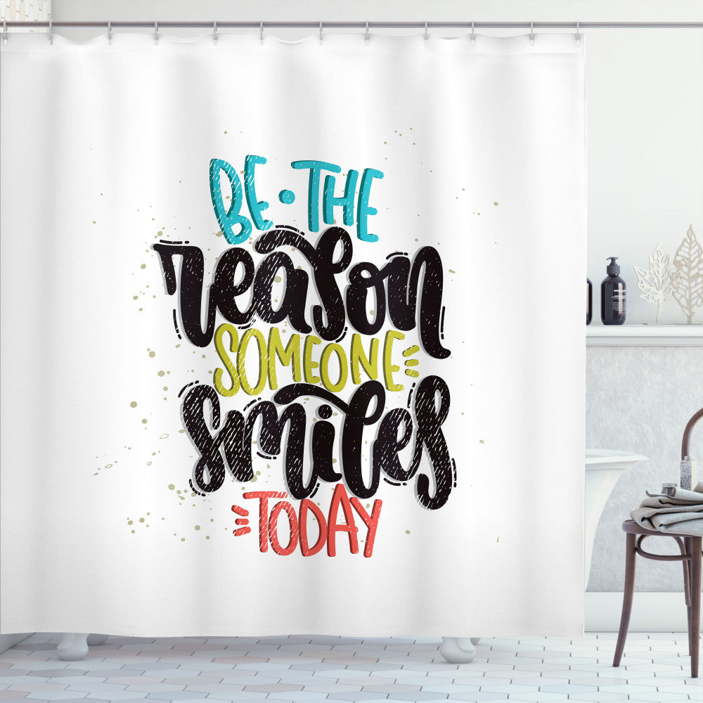 Vibrant Calligraphy Bath Curtain in Smile, Dark Seafoam, Charcoal Grey, Yellow Green, and Burnt Sienna