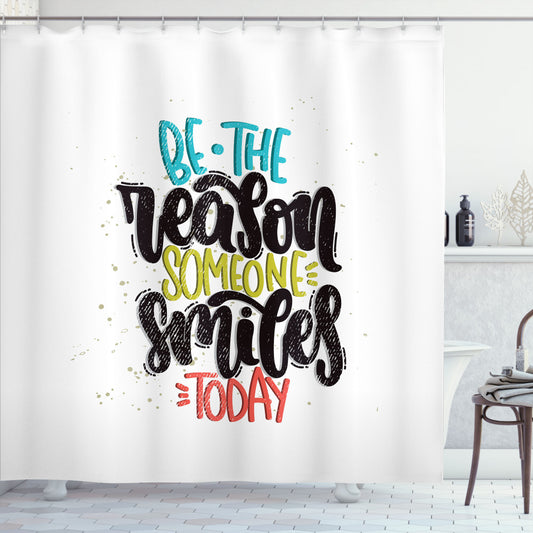 Vibrant Calligraphy Bath Curtain in Smile, Dark Seafoam, Charcoal Grey, Yellow Green, and Burnt Sienna