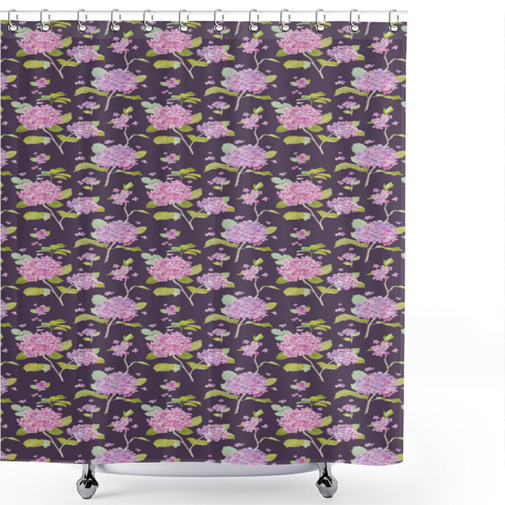 Vintage Hydrangea Buds Shower Curtain in Floral Shades of Violet, Black, and Green