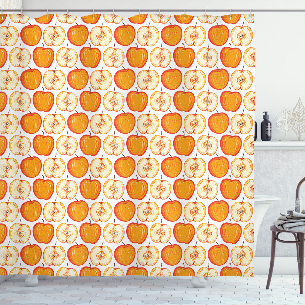 Vivid Fruity Shower Curtain in Apple, Orange, Vermilion, Cream, and Brown Tones