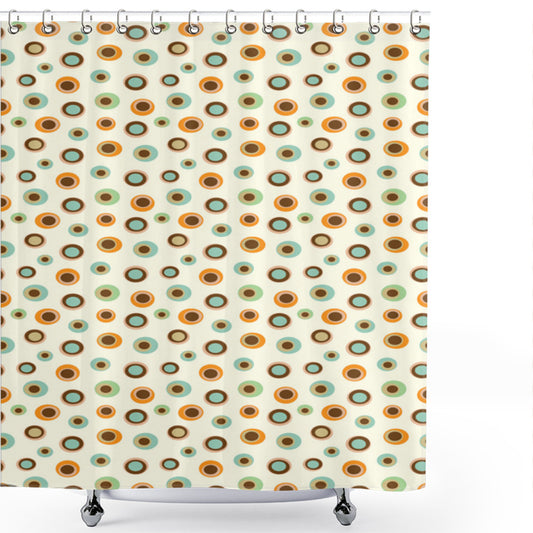 Colorful and Playful Circles and Dots Shower Curtain in Fun Pale Blue, Orange, and Brown Tones