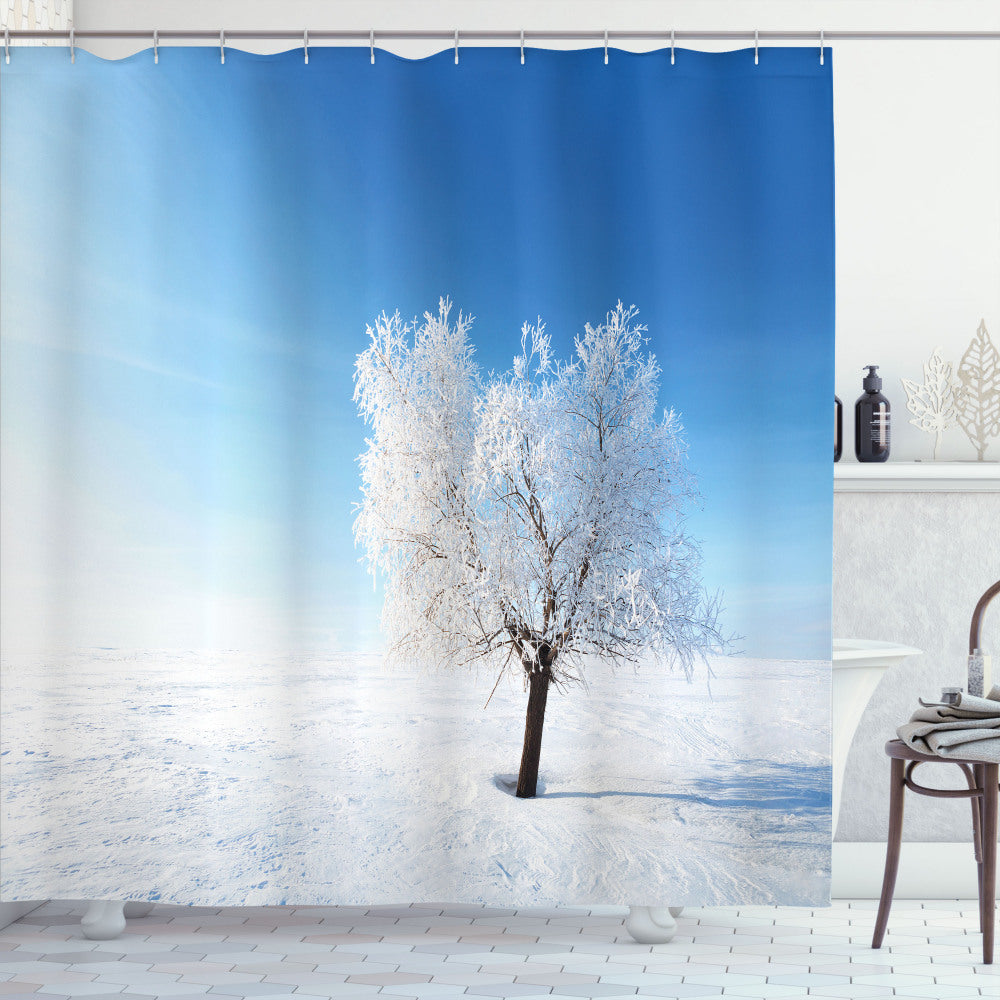 Winter Wonderland: White and Blue Snow-Covered Tree Shower Curtain