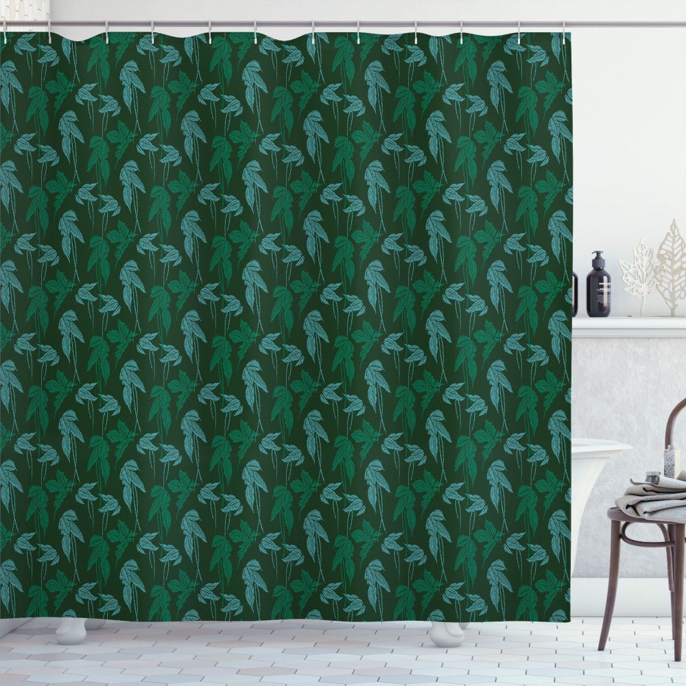 Tropical Jungle Leaves Shower Curtain in Emerald, Pale Blue, and Reseda Green Motif