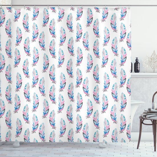 Boho Animal Feather Shower Curtain in Grungy Pale Pink, Black, and Blue