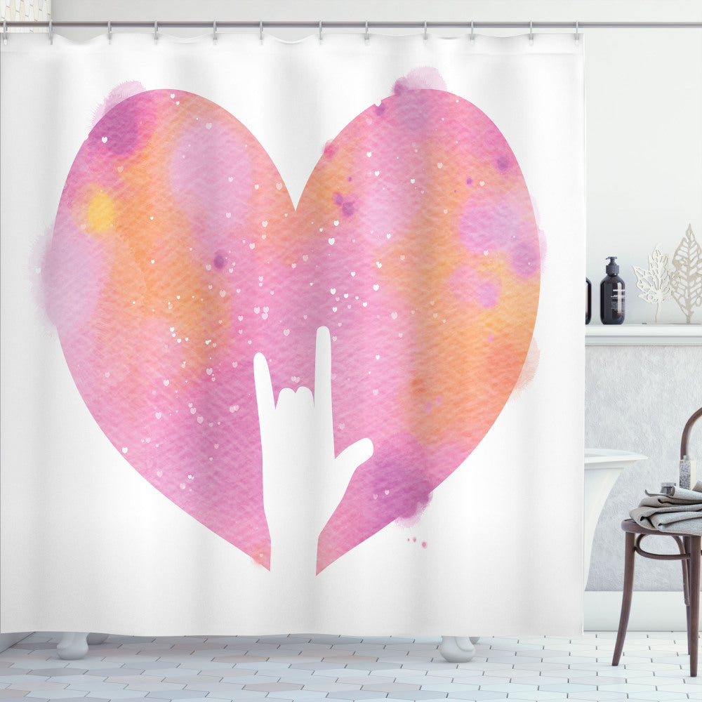 You Rock Watercolor Heart Rock Sign Bath Curtain in Peach, Mustard, Baby Pink, and Pale Fuchsia