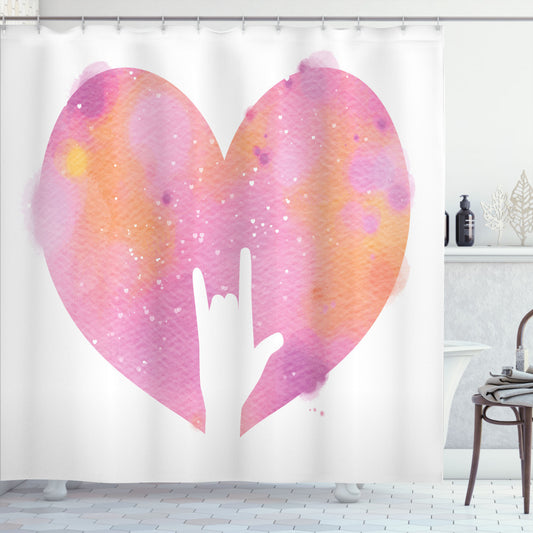 You Rock Watercolor Heart Rock Sign Bath Curtain in Peach, Mustard, Baby Pink, and Pale Fuchsia