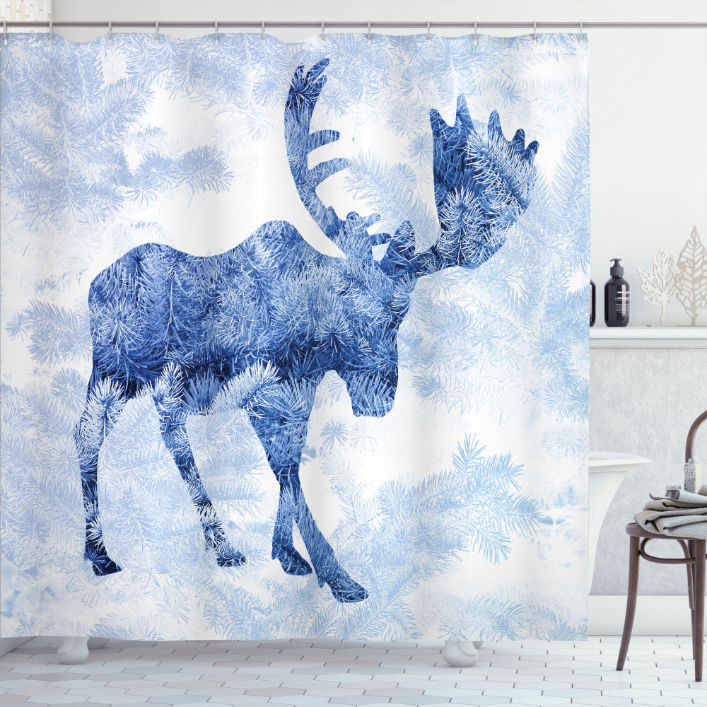 Blue Moose White Winter Antlers Tree Shower Curtain