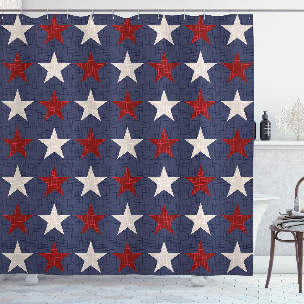 US Freedom Primitive Country Themed Shower Curtain in Dark Blue, White, and Ruby