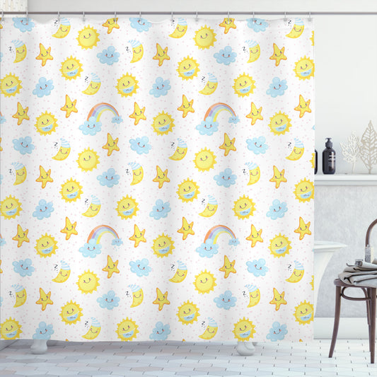 Baby Blue, Yellow, and Pink Moons, Stars, and Clouds Shower Curtain for a Happier Bathroom