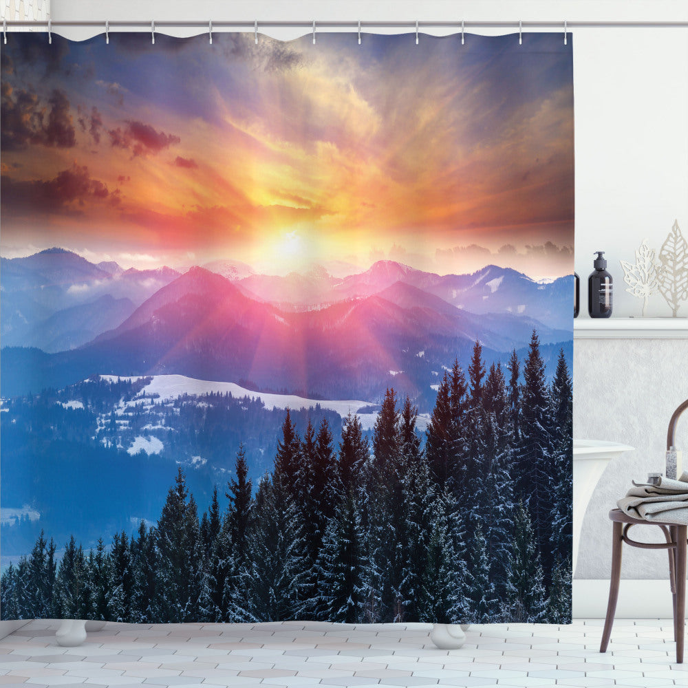 Winter Twilight: Orange and Blue Sunset in the Mountains Bath Curtain