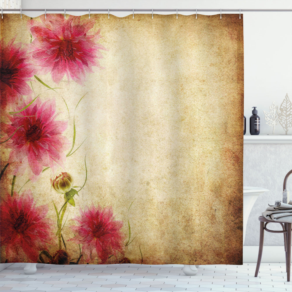 Vintage Floral Shower Curtain in Grungy Sand Brown and Pink