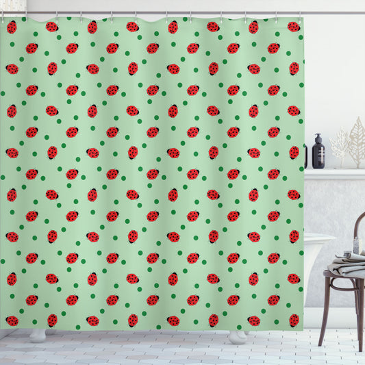 Black, Green, and Red Ladybug Polka Dots Shower Curtain