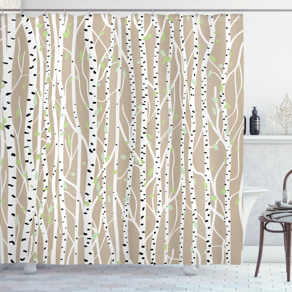 Birch Tree-inspired Shower Curtain with Pale Green and Black Spots