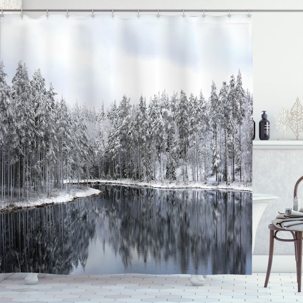 Woodland Wonderland: White and Brown Trees at Cold Day Lake - Shower Curtain