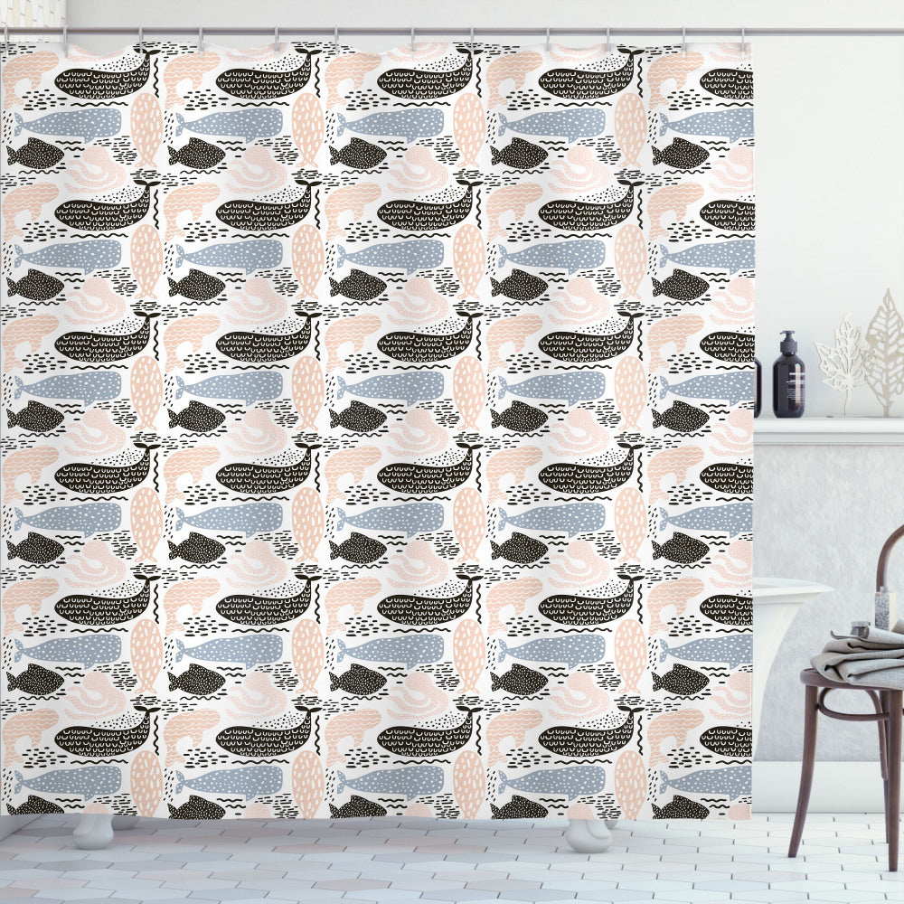 Whale Silhouette Bath Curtain in Slate Blue, Black, and Peach Colors