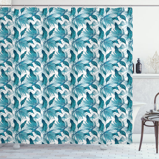 Vintage Inspired Tropical Palm Leaves Shower Curtain in Shades of Green, Petrol Blue, Aqua, and Dark Teal