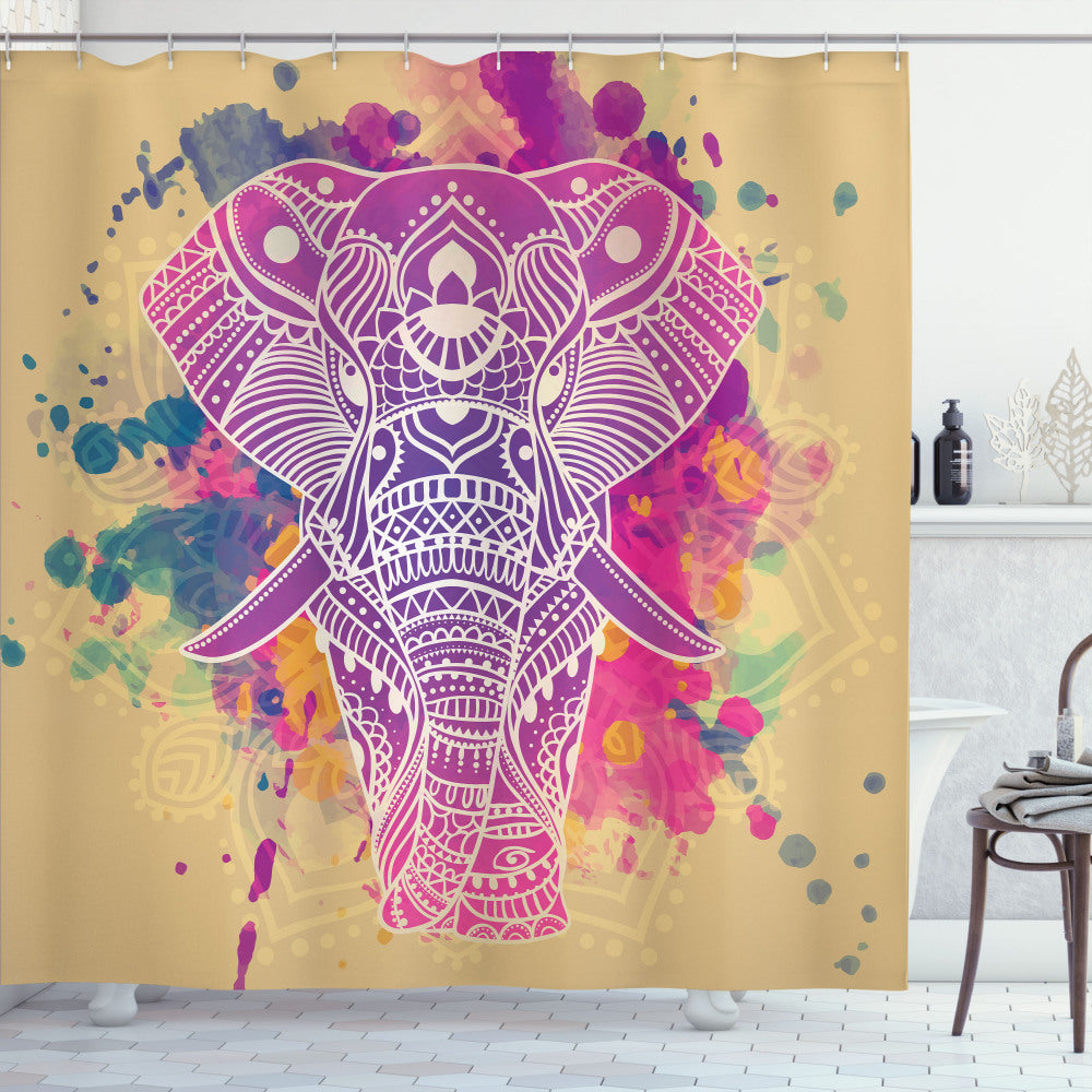 Watercolor Effect Ethnic Shower Curtain in Sand Brown and Fuchsia