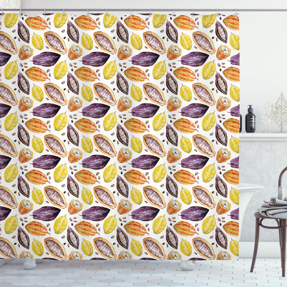 Watercolor Colorful Beans Cocoa, Orange, Yellow, and Plum Bath Curtain