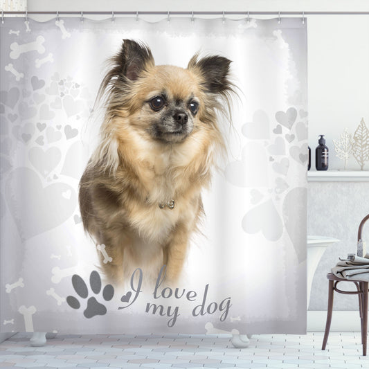 Chihuahua Paw Print Bath Curtain in Dark Sand Brown and Pale Grey - A Stylish Must-Have for Dog Lovers